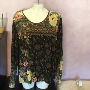 Johnny Was Black Floral Long Sleeve Top